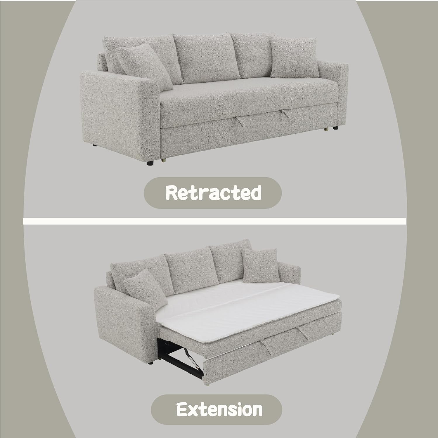 Acme Connie Fabric Upholstered Sofa with Sleeper and 2 Pillows in Beige