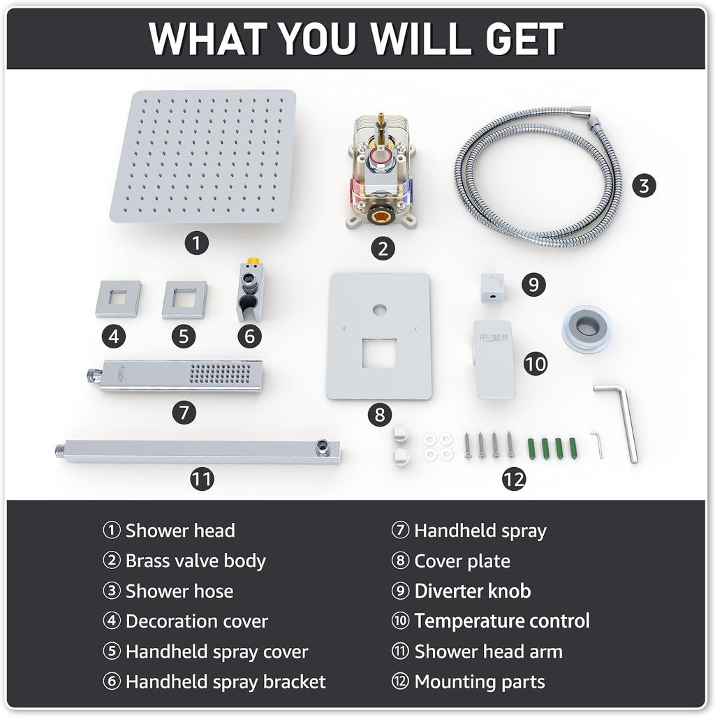 Iriber 12 Inch Bathroom Shower System Polish Chrome Wall Mounted Square Mixer Shower Faucet Combo Set with Hand Held Rough-in Valve Rainfall Shower and Trim