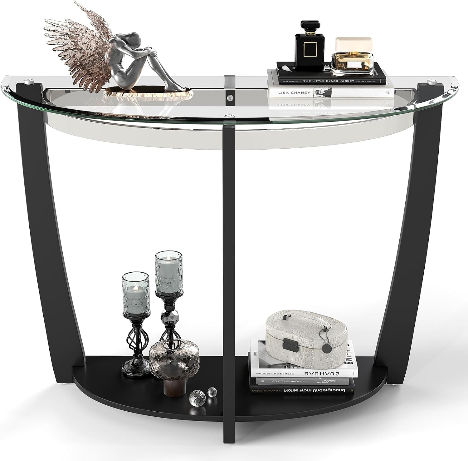 Giantex 2-Tier Glass Console Table, Half Moon Modern Entryway Table with Tempered Glass Top & Open Storage Shelf, Narrow Long Sofa Table for Living Room, Hallway, Foyer, Entrance (Black)