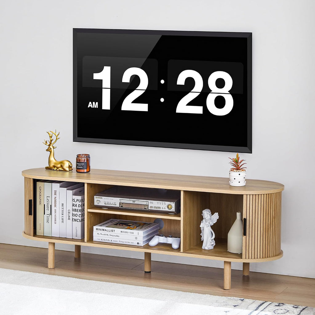 Janmer Home 54' Fluted TV Stand with Storage, Mid Century Modern TV Console with Tambour Sliding Doors, Curved Entertainment Center, Media Console for Living Room, Bedroom (Natural)