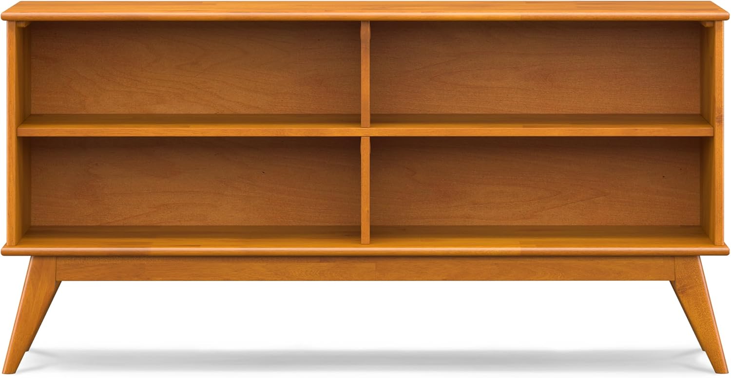 SIMPLIHOME Draper Bookcase - 30 inch Tall Solid Wood Low Bookshelf in Teak Brown, Mid-Century Modern Storage for Living Room, Study Room or Office with Tapered Legs and Wide Open Shelves