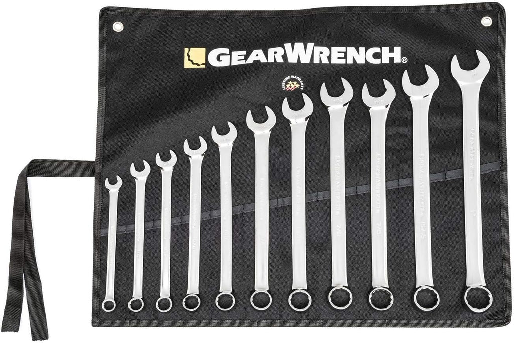 GEARWRENCH Long Pattern Combination SAE Wrench Set with Tool Roll, 11 Pc., 12 Point - 81934