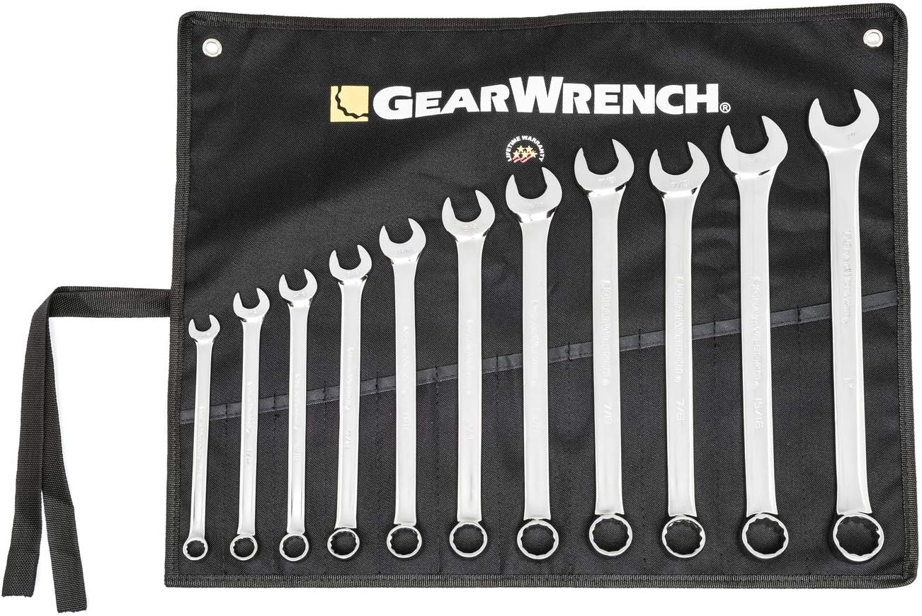 GEARWRENCH Long Pattern Combination SAE Wrench Set with Tool Roll, 11 Pc., 12 Point - 81934
