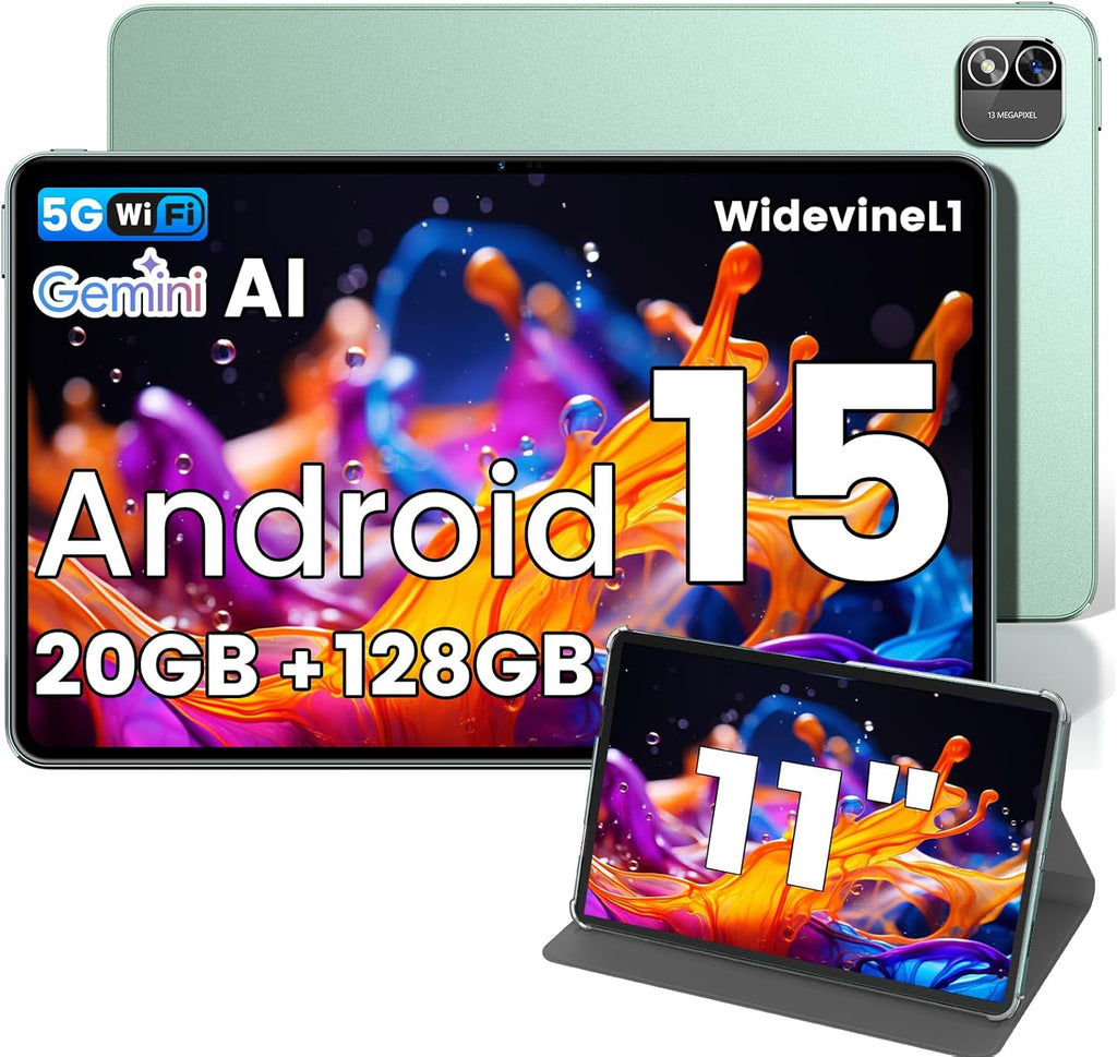 Azeyou 11 Inch Android 15 Tablet 20GB RAM 128GB ROM 1TB Expand, 8000mAh Octa-Core 5G Tablet, 1920x1200 HD IPS Display GPS Wi-Fi 6 Tablet, Widevine L1 Metal Green