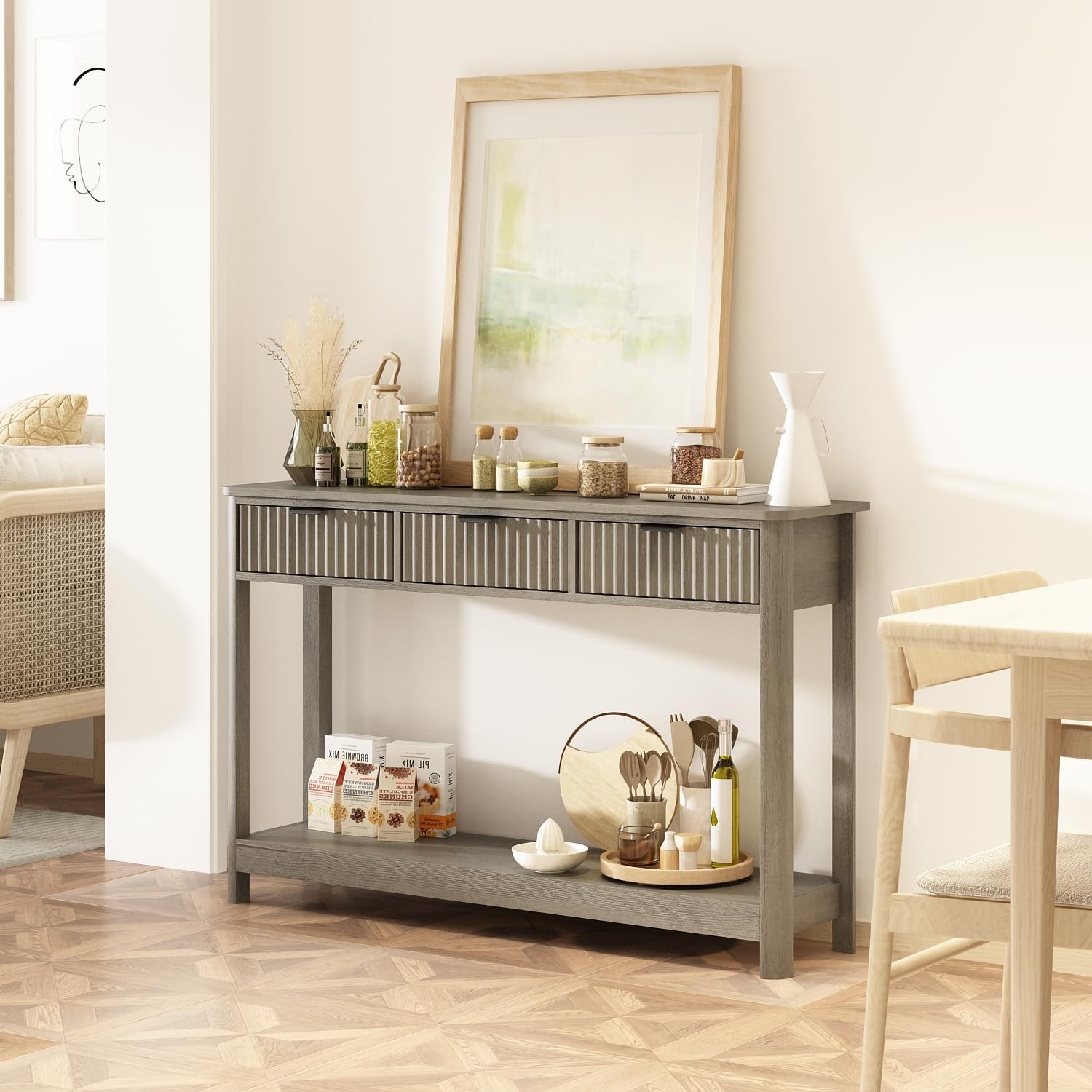 RUSTOWN Fluted Wood Console Table with 3 Drawers, 47.2' Modern Farmhouse Sofa Table & Entryway Table with Open Storage Shelf, Narrow Hallway Table for Living Room, Foyer and Hallway (Washed Oak)