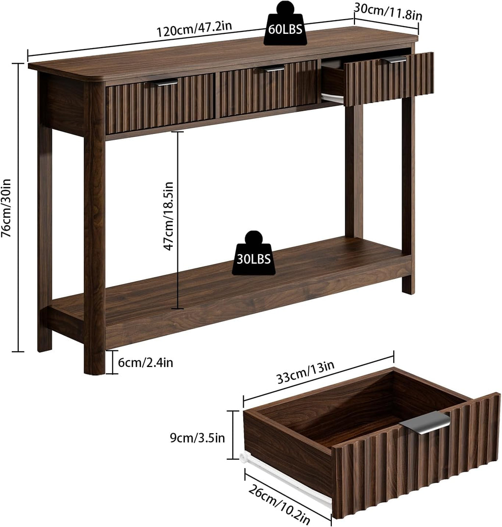 RUSTOWN Fluted Wood Console Table with 3 Drawers, Boho Narrow Behind Couch Entryway Table with Open Storage Shelf, Modern Sofa Table for Living Room, Foyer and Hallway (Dark Walnut)
