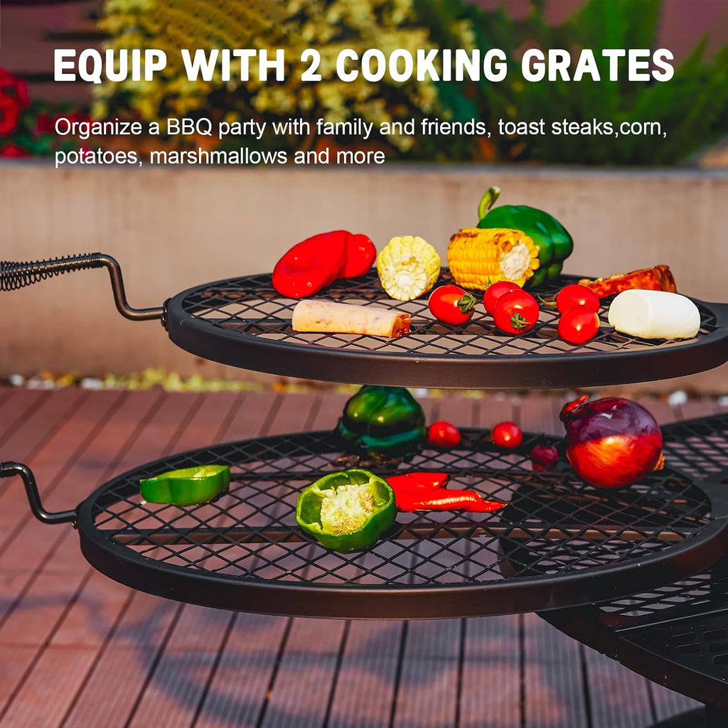 Verdeluxe 42 Inch BBQ Fire Pit with 2 Grills,3-in-1 Outdoor Round Metal Fire Pit Table with Lid,Fire Poker,Large Outdoor Wood Burning Firepits for Outside,Picnic,Bonfire Backyard Patio(Black)