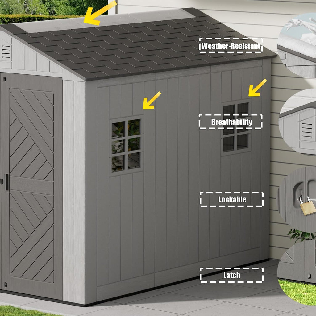 Mrosaa 6x8.6 FT Storage Shed with Floor,HDPE Resin Outdoor Storage Shed Weather Resistant,Lockable Garden Sheds with Windows for Home/Garden Tools/Backyard/Lawn Mower/Bike Storage(Gray)