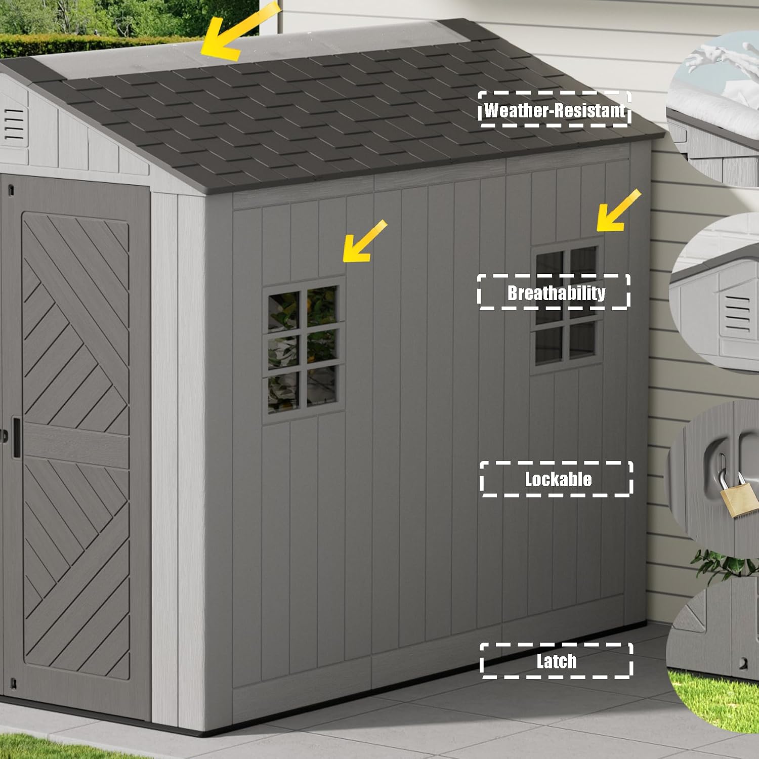 Mrosaa 6x8.6 FT Storage Shed with Floor,HDPE Resin Outdoor Storage Shed Weather Resistant,Lockable Garden Sheds with Windows for Home/Garden Tools/Backyard/Lawn Mower/Bike Storage(Gray)