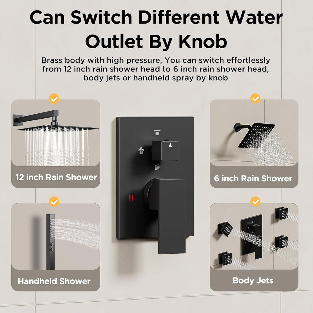 Shower Faucet Sets Matte Black Shower System,STARBATH 4 Way 12+6' Dual Head Shower Set Complete with 2 in 1 Handheld,Wall Mounted Rainfall Shower Head with 4 Body Spray Jets, Shower Jets System