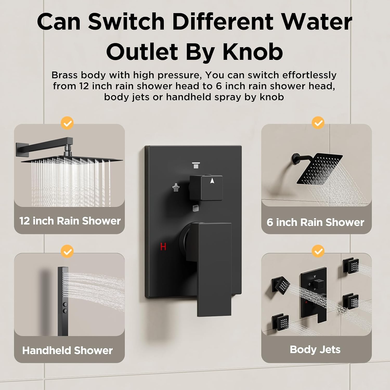 Shower Faucet Sets Matte Black Shower System,STARBATH 4 Way 12+6' Dual Head Shower Set Complete with 2 in 1 Handheld,Wall Mounted Rainfall Shower Head with 4 Body Spray Jets, Shower Jets System