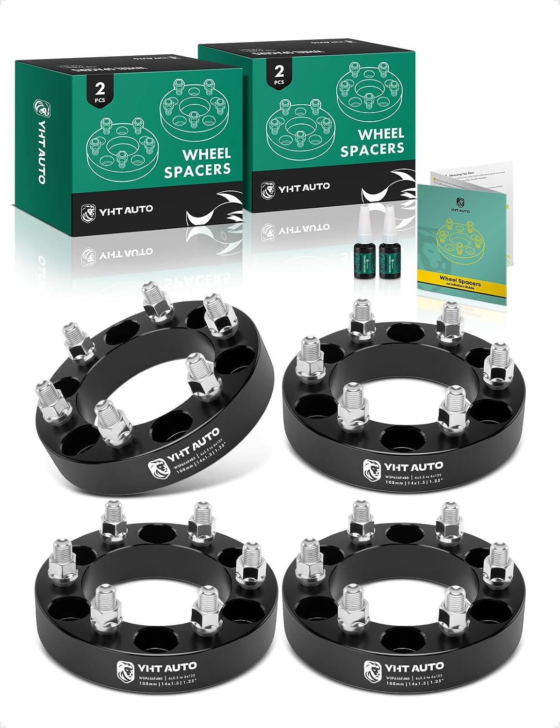 YHTAUTO 6x5.5 to 6x135 Wheel Adapters 1.25 Inch Compatible with Cadillac & GMC & Chevrolet, Tire Adapters w/ M14X1.5 & 12.9 Grade Studs, 108 mm Center Bore 6 Lug 4PCS Black