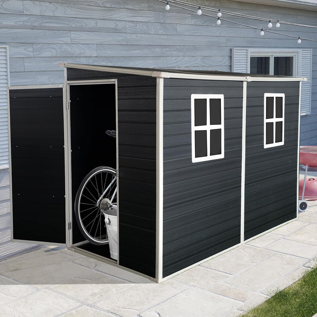 JT 4 x 8 FT Resin Storage Shed, Waterproof Garden Shed with Floor, 2 Windows, Lockable Door and Vent, Outdoor Sheds for Backyard,Tools and Lawn Mower (Black)
