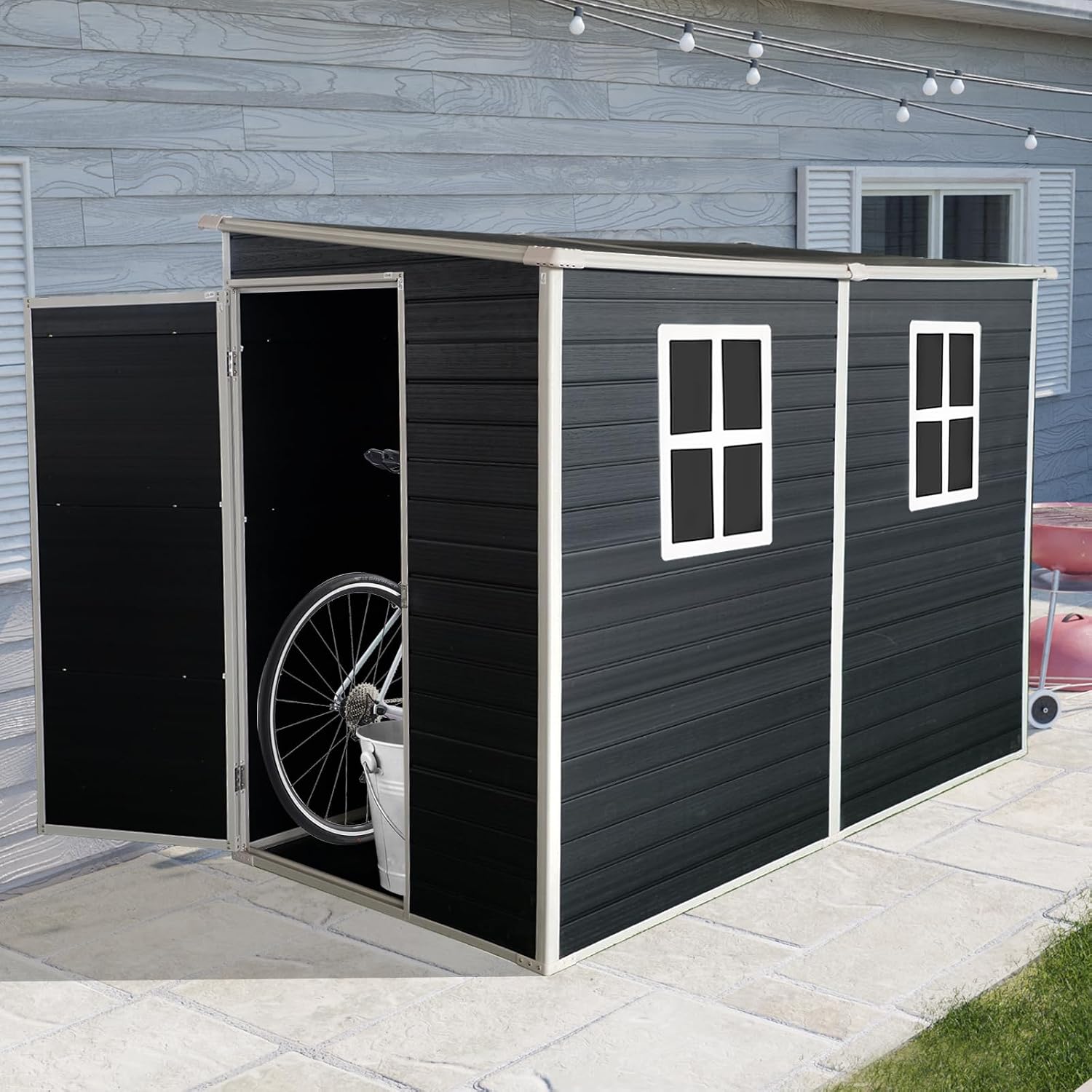 JT 4 x 8 FT Resin Storage Shed, Waterproof Garden Shed with Floor, 2 Windows, Lockable Door and Vent, Outdoor Sheds for Backyard,Tools and Lawn Mower (Black)