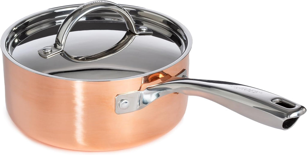 BergHOFF Vintage 15Pc Tri-Ply Copper Cookware Set With Stainless Steel Lids, 10Pc 18/10 Stainless Steel Pots and Pans and 5Pc Bamboo Utensil Set Long Ergonomic Shaped Handle 3-layer Base, Polished