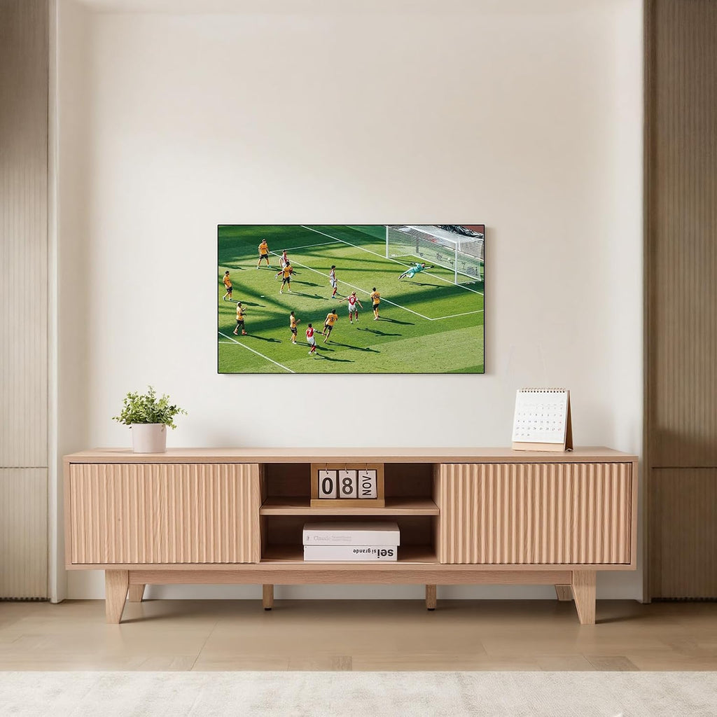 VEVOR 59' Fluted TV Stand, Boho Entertainment Center for 55/60/65 inch TVs, Mid Century Modern Media Console TV Storage Cabinet with Sliding Door and Adjustable Open Shelves, for Living Room, Bedroom