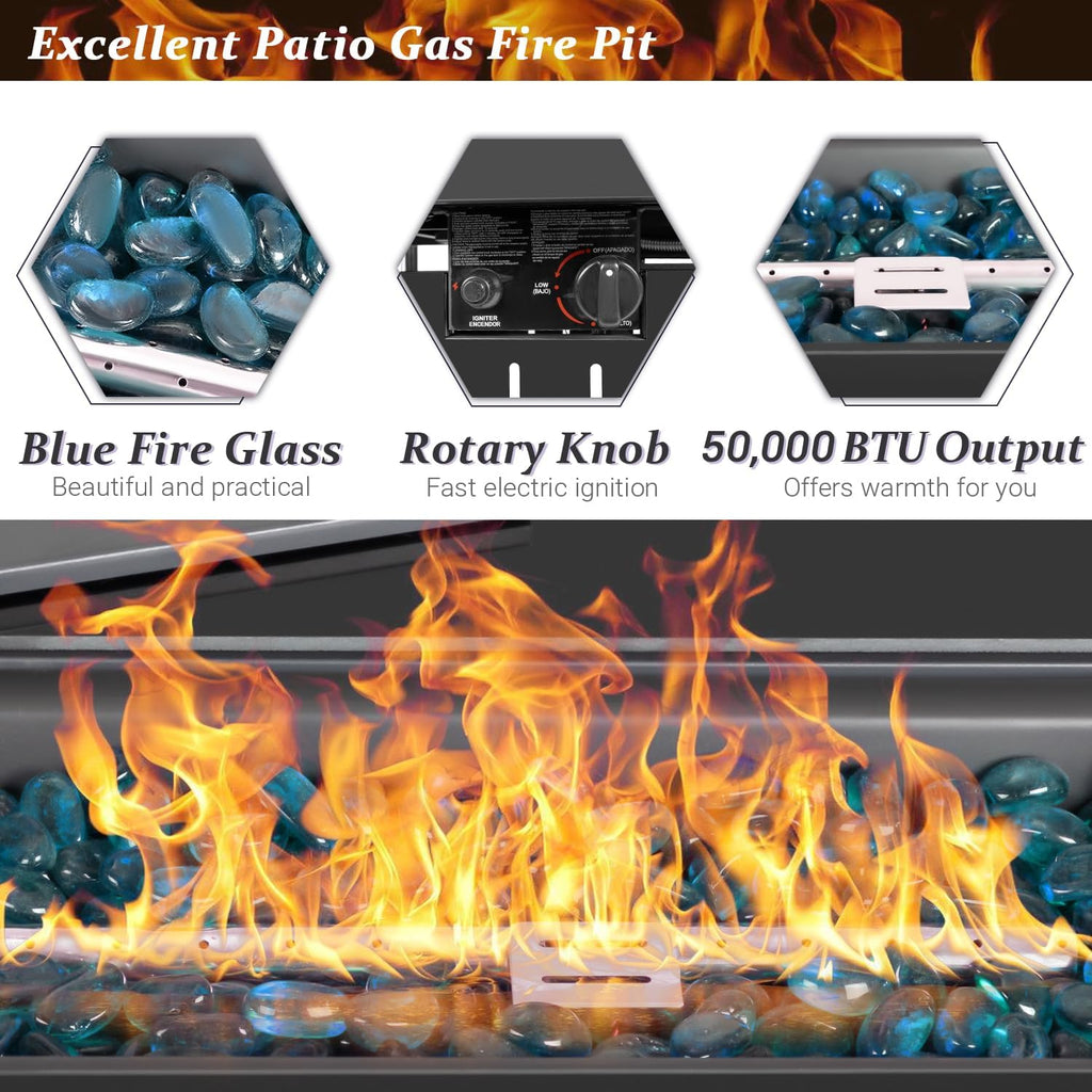 Greesum 44' Propane Gas Fire Pit Table 50,000 BTU Outdoor Rectangular FirePit with Lid, Rain Cover for Outside Garden Backyard Deck Patio, Black