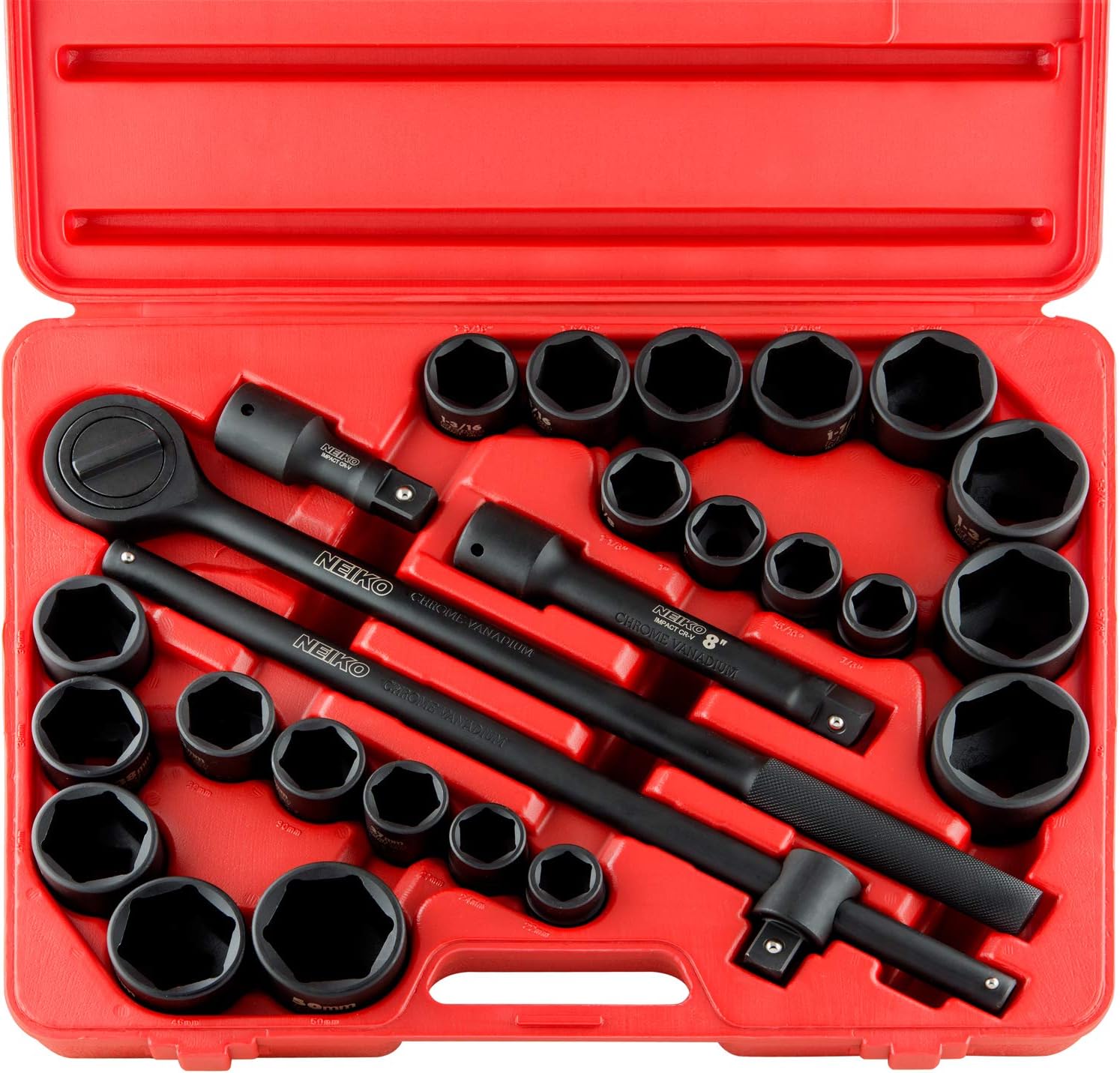 NEIKO 02499A 3/4-Inch-Drive Jumbo Master Impact Socket Set, SAE and Metric Shallow-Socket Tool Set, SAE 7/8' to 2' and Metric 26 to 38 mm, 27 Pieces
