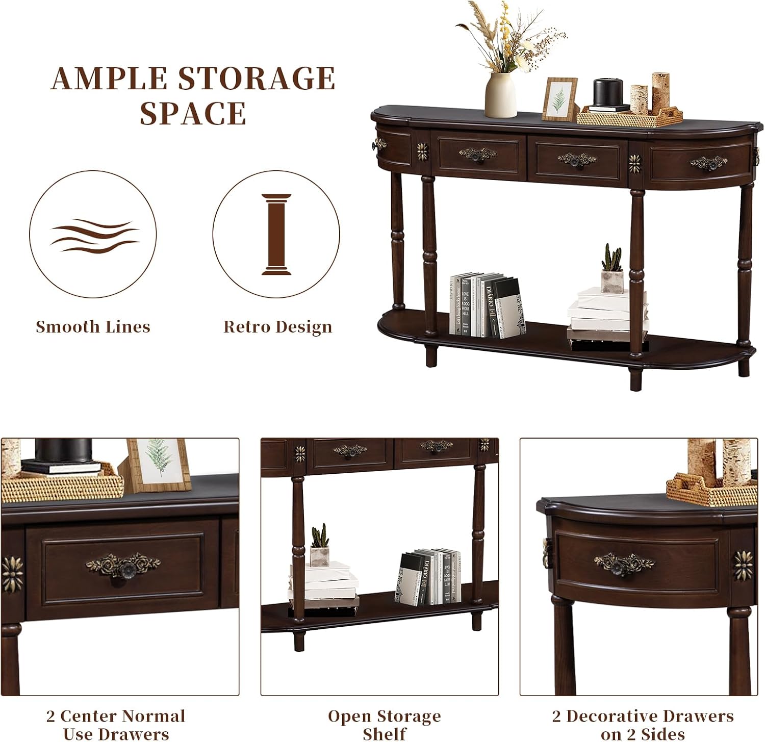 Retro Curved Console Table, 52' Half Moon Console Table Sofa Table Entryway Table with 2 Drawers 1 Open Shelf Solid Pine Legs for Living Room,Entryway,Hallway,Espresso