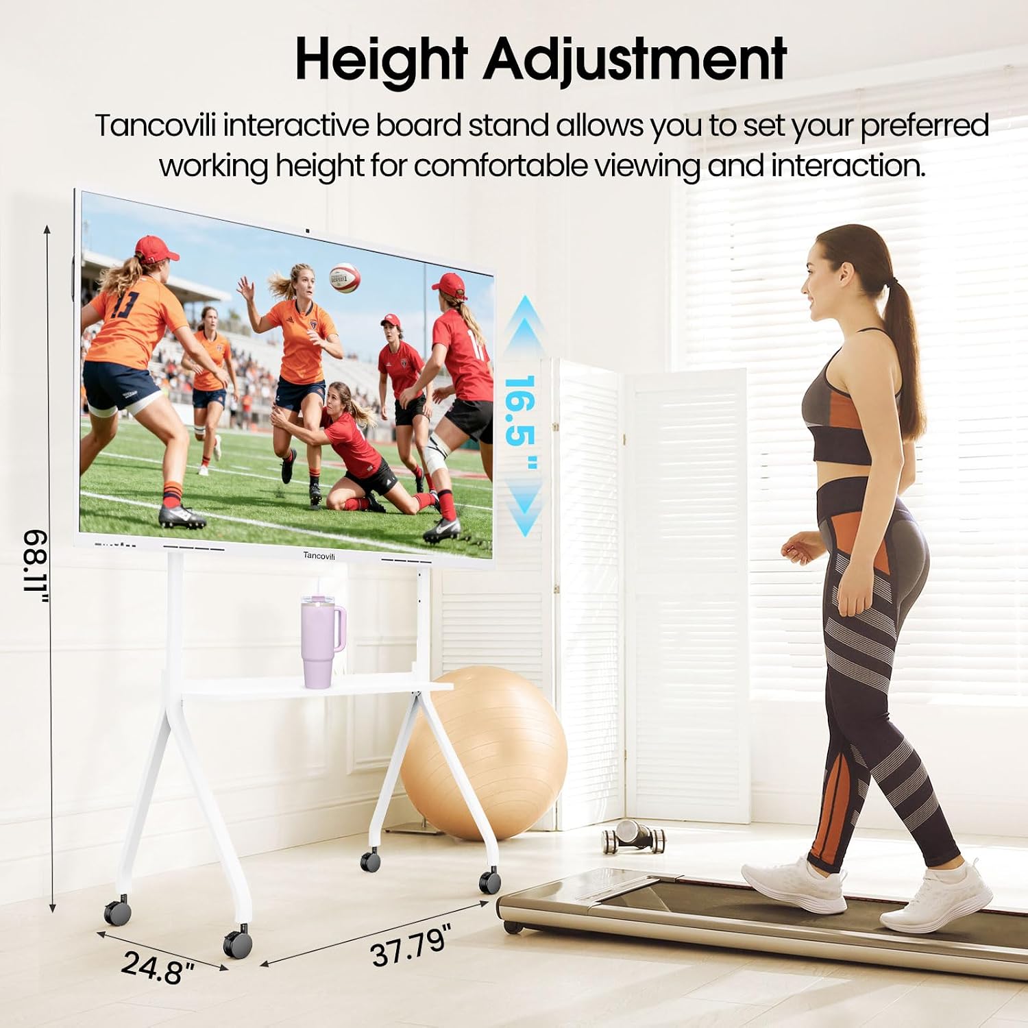 Mobile Stand for 43'- 75'' Smart Board, Heavy Duty Rolling TV Stand with Locable Wheels, Height Adjustable Holds up to 300lbs, Whiteboard Portable Cart on Wheels