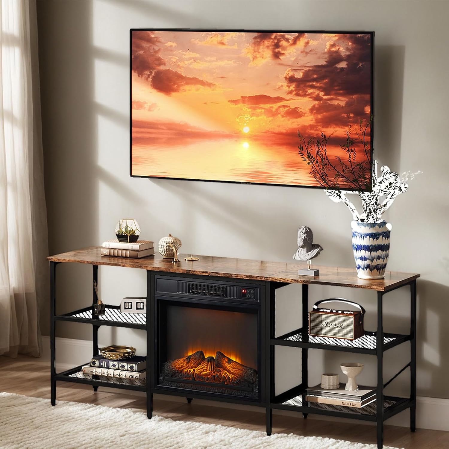 Bonnlo Industrial Fireplace TV Stand, 58' Entertainment Center with 18' Electric Fireplace Heater, TV Console with Open Metal Mesh Frame & Shelves up for 70 Inch TVs, Rustic Brown