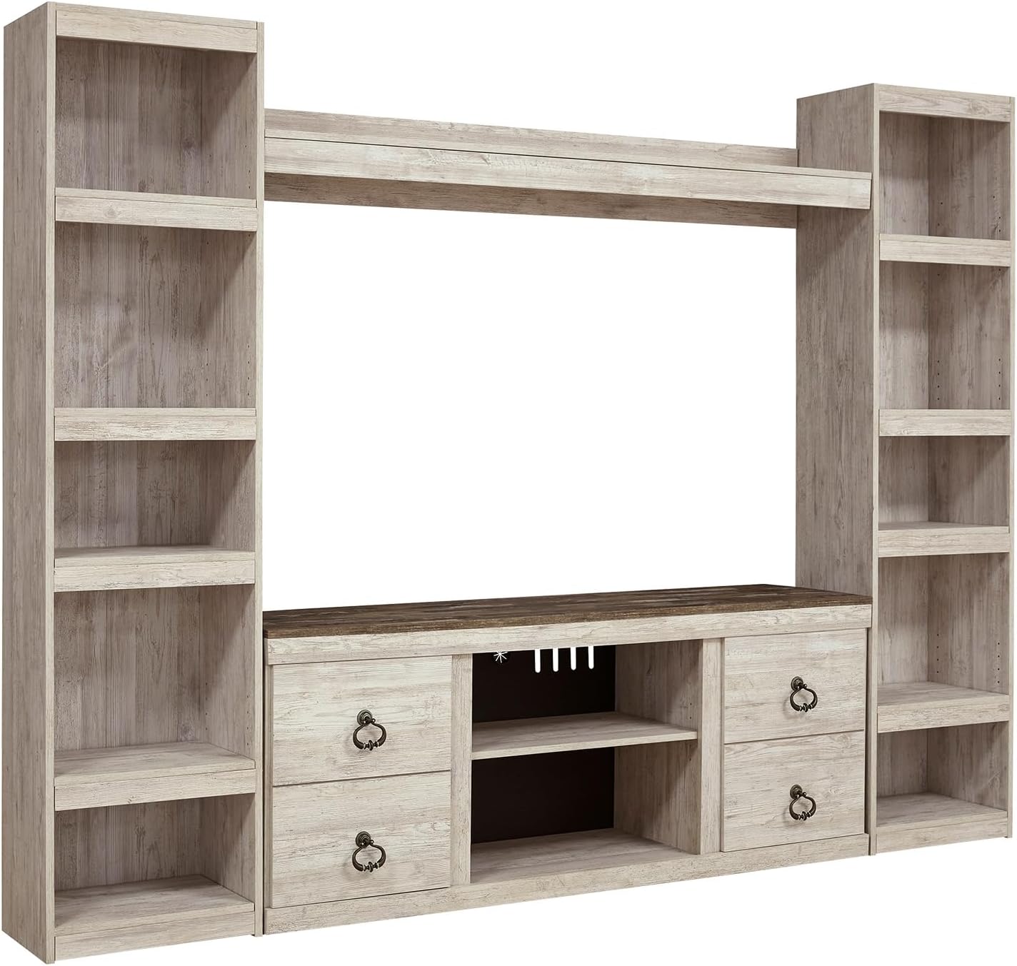 Signature Design by Ashley Willowton Farmhouse 4-Piece Entertainment Center for TVs up to 69' with Adjustable Shelves, Whitewash