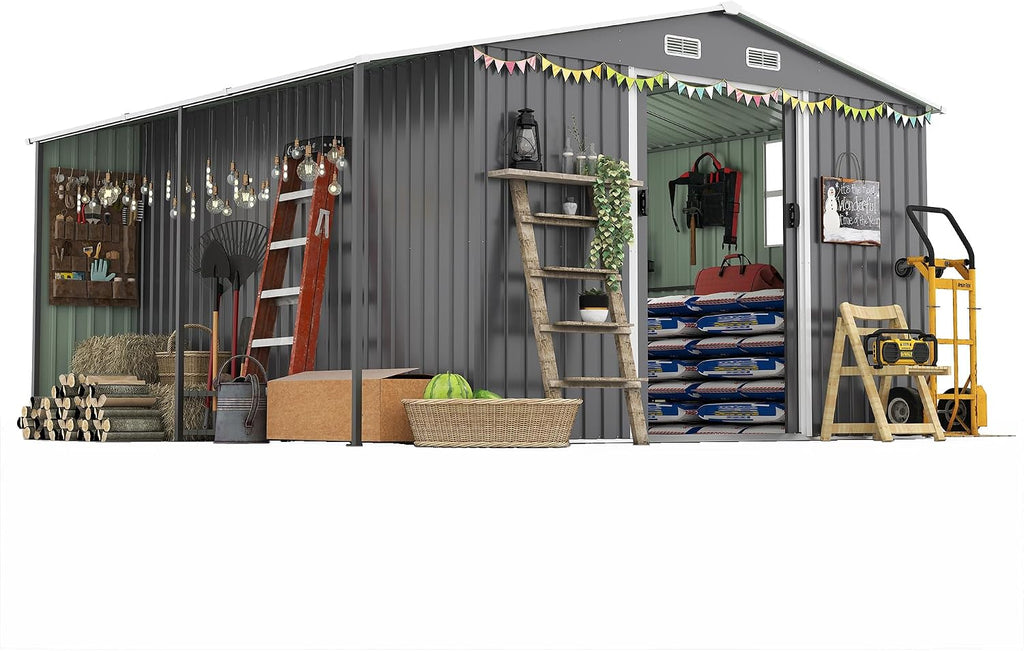 KEIKI 10x12 FTOutdoor Storage Shed, Extra Large Metal Shed with Lockable Doors, Windows, Outside Steel Tiny House Ideal for Garden, Backyard, Patio Utility, Tool Storage, Chicken Coops, Dark Gray