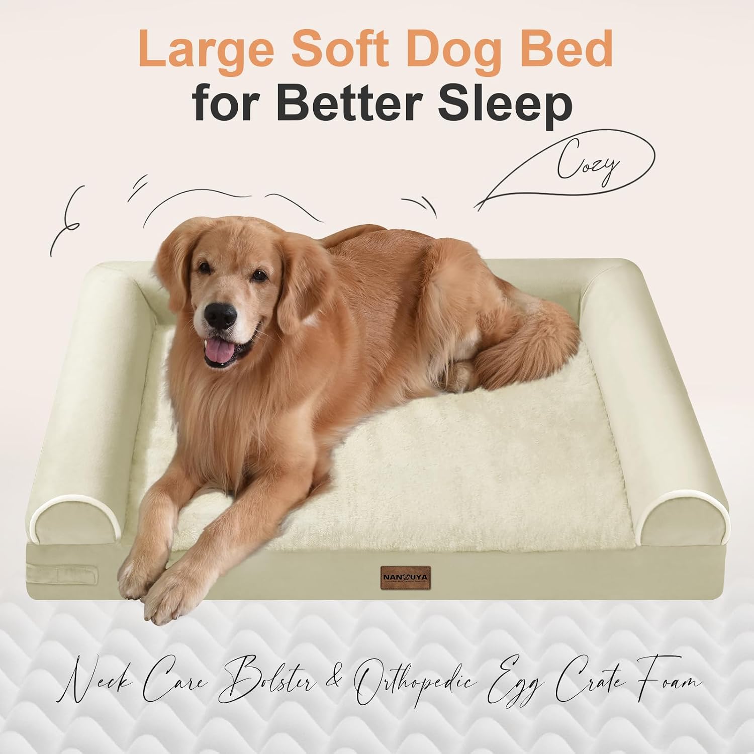Large Dog Bed Orthopedic Washable: Jumbo Dog Bed Bolster Extra Large Dogs Egg Crate Foam Sofa Couch Waterproof Removable Cover - Beige