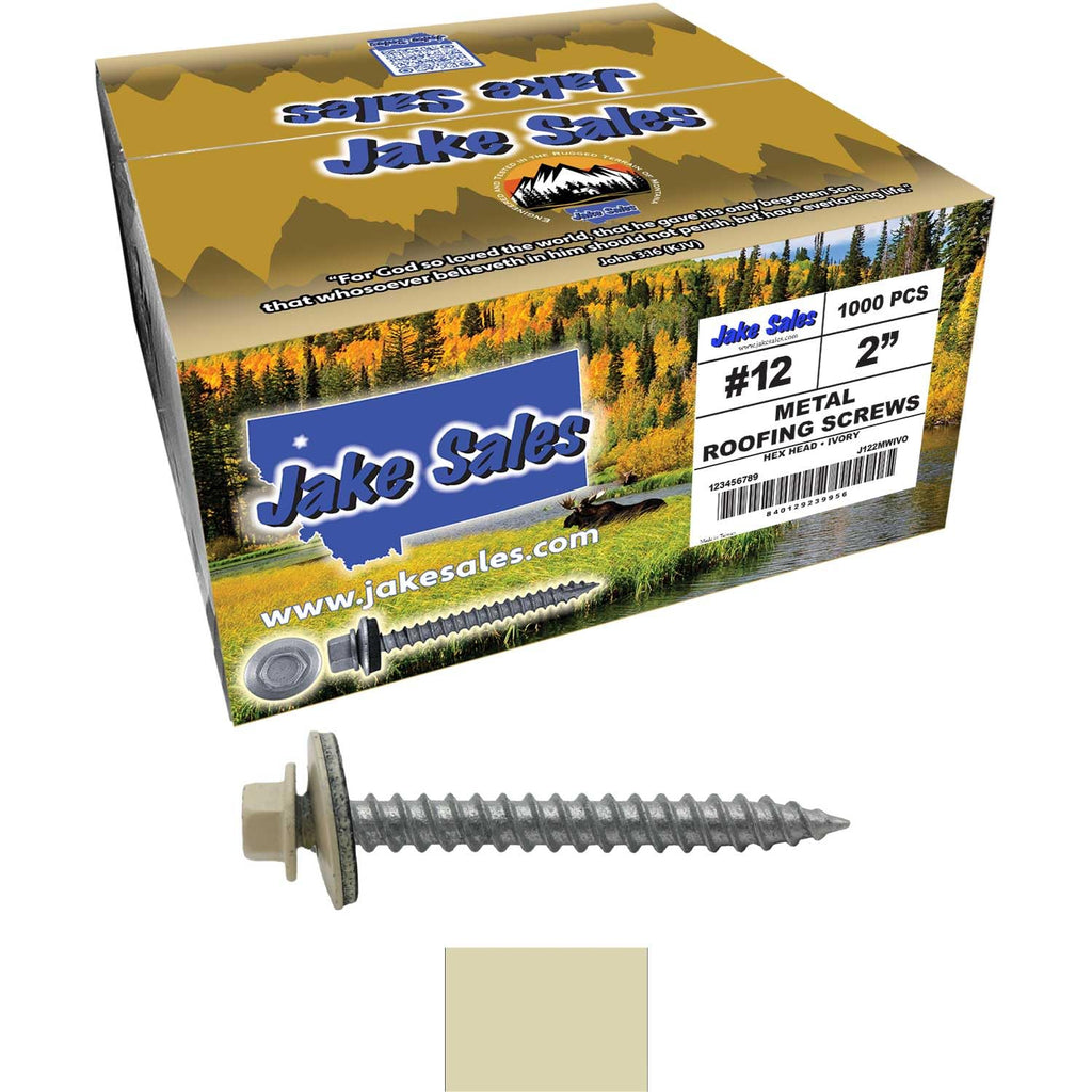 12 x 2 Ivory Metal Roofing Screws - Hex Washer Head- Self-Starting/Tapping - EPDM Washer. 4 X 250 Bags - 1,000 Screws