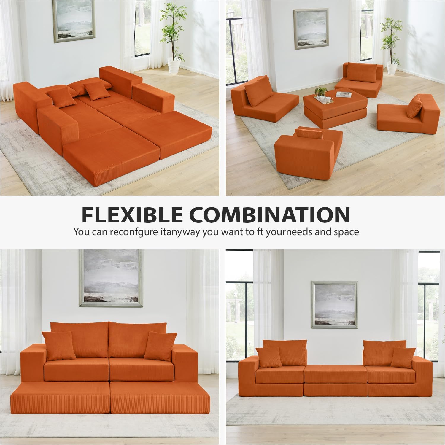 80 Inches Modular Sectional Loveseat Sofa, Cloud Boneless Couch with Non-Slip Base, Modern Sleeper Sofa Bed for Living Room, Small Spaces, No Assembly Required, Corduroy (Orange)
