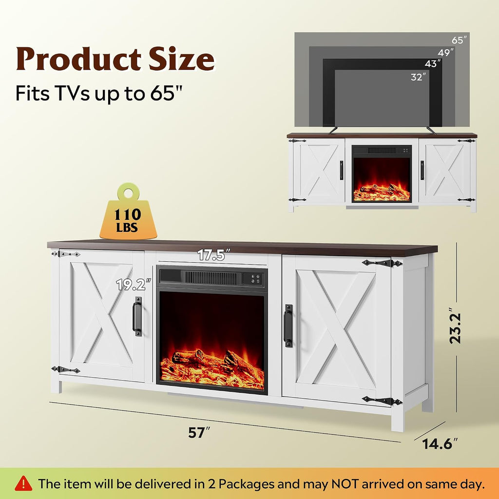 WLIVE Electric Fireplace TV Stand for TVs up to 65', Farmhouse Entertainment Center with X-Shaped Barn Doors & Storage Cabinets, Media TV Console for Living Room, Remote Control, White