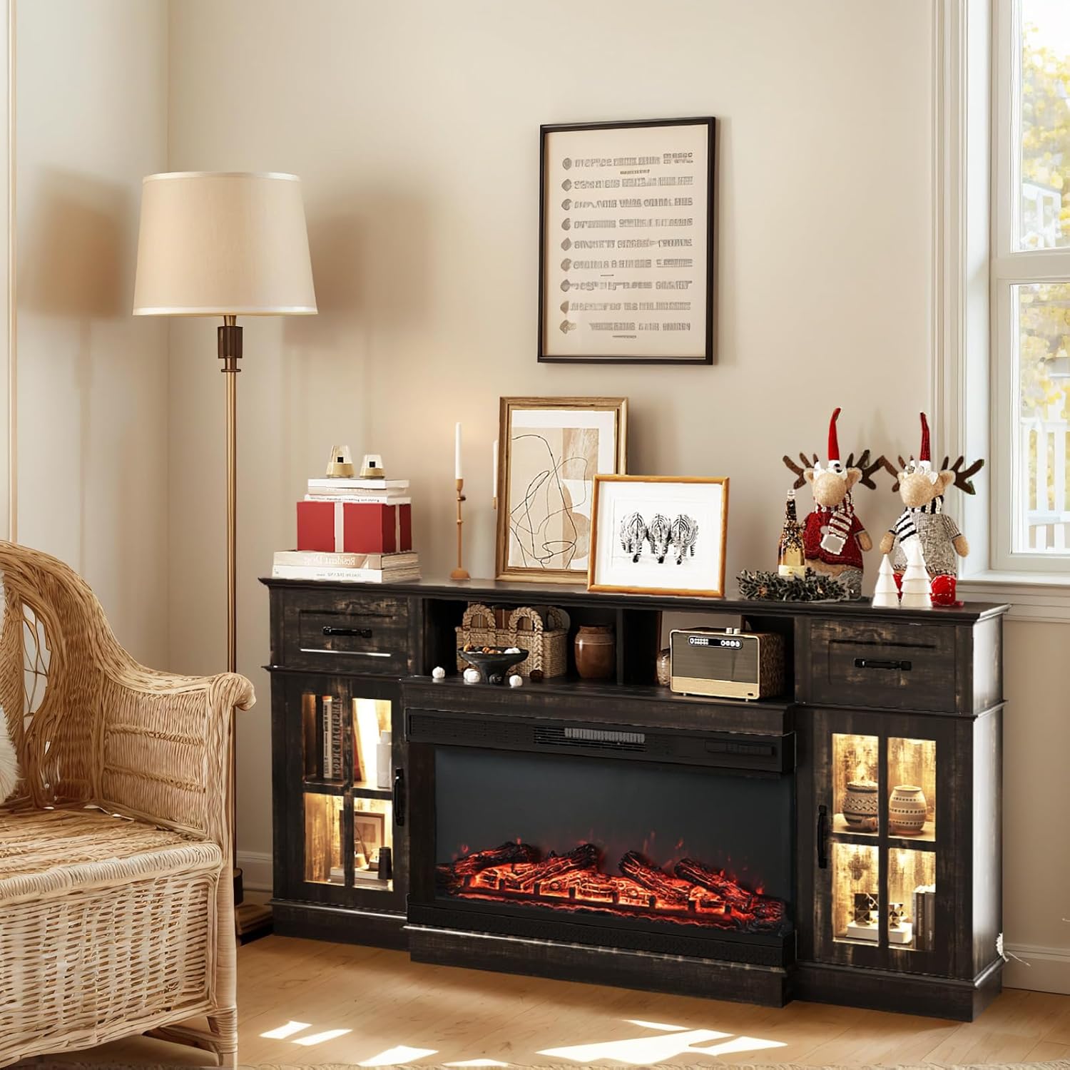 Bonnlo Fireplace TV Stand for up to 80'' TVs, Entertainment Center with 3-Sided Glass Electric Fireplace Heater, Glass Doors & Drawers, LED Media Console, Living Room, Dark Rustic Oak