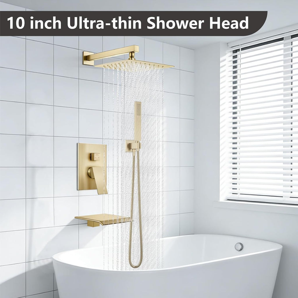 Midanya Shower System with Tub Spout,Bathtub Shower Faucet Set with Square Rainfall Head and Handheld Sprayer Wall Mount Tub Faucet Set with Valve and Trim Kit,10 Inch Brushed Gold