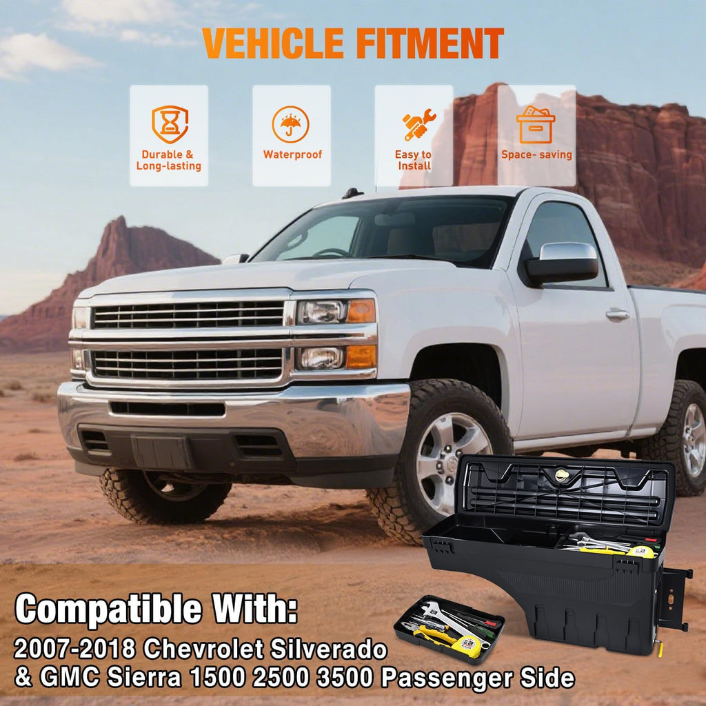 Nilight Truck Bed Tool Box Passenger Side Truck Tool Box Fit for Chevy Silverado GMC Sierra 1500 2500 3500 2007-2018 ABS Swing Case Truck Bed Storage Box w Lockable Lid Waterproof Wheel Well Toolbox