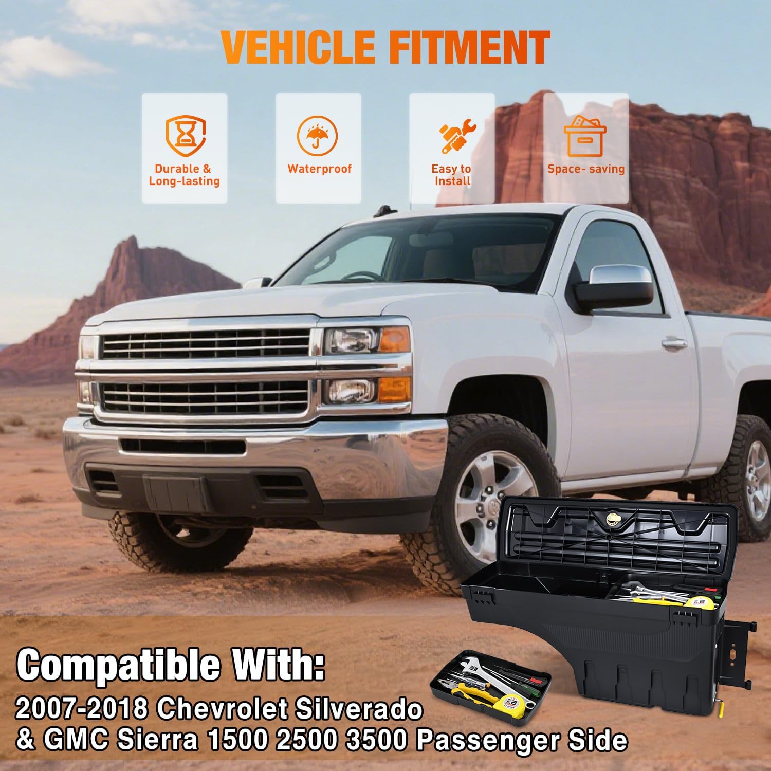 Nilight Truck Bed Tool Box Passenger Side Truck Tool Box Fit for Chevy Silverado GMC Sierra 1500 2500 3500 2007-2018 ABS Swing Case Truck Bed Storage Box w Lockable Lid Waterproof Wheel Well Toolbox