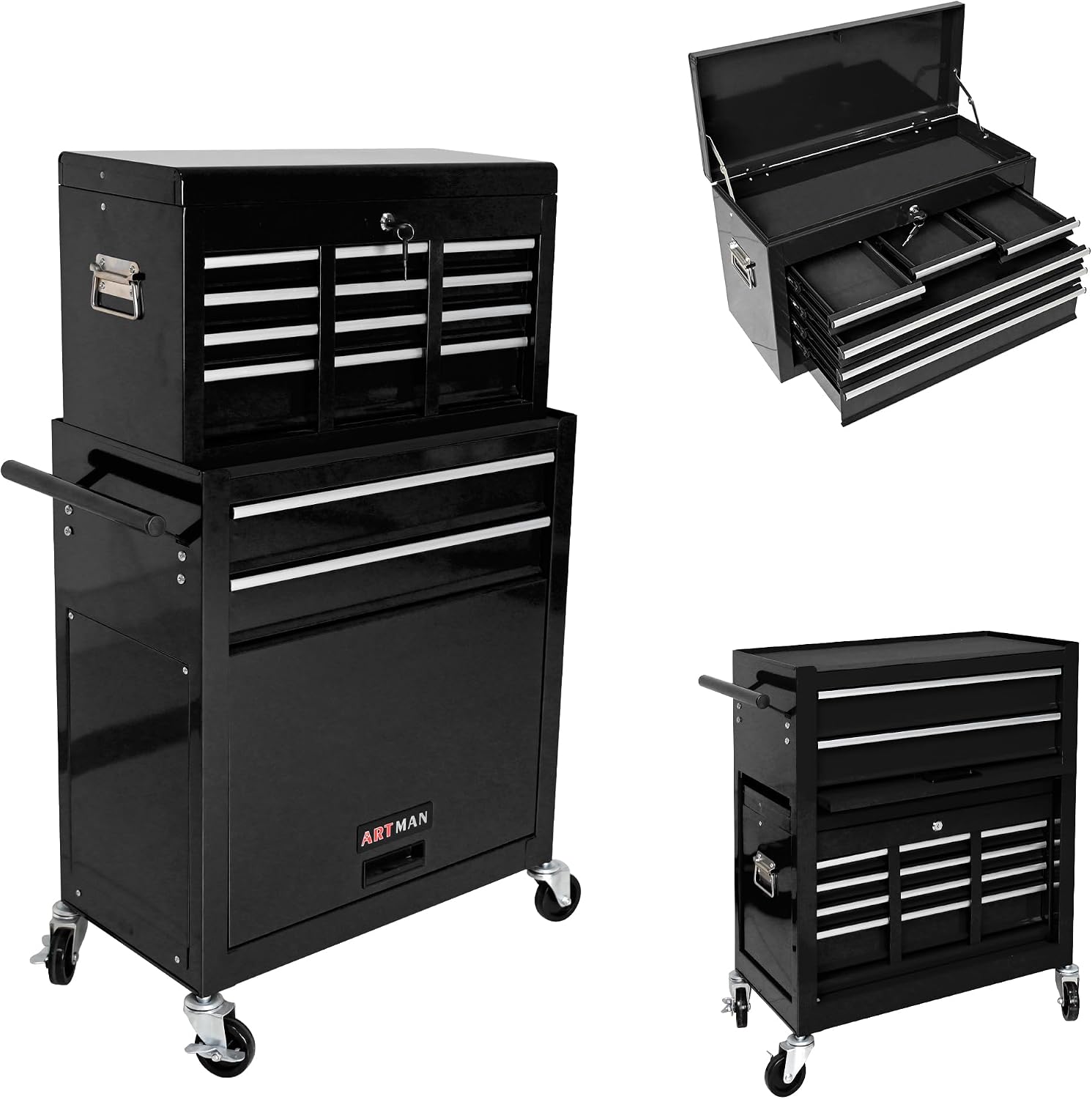 8-Drawer Tool Chest,Rolling Tool Box with Detachable Top Toolbox & Key Lock,Tool Cabinet with Universal Lockable Wheels,Lock Bar,Protective Liner,Metal Storage Cart for Garage,Workshop (Black)