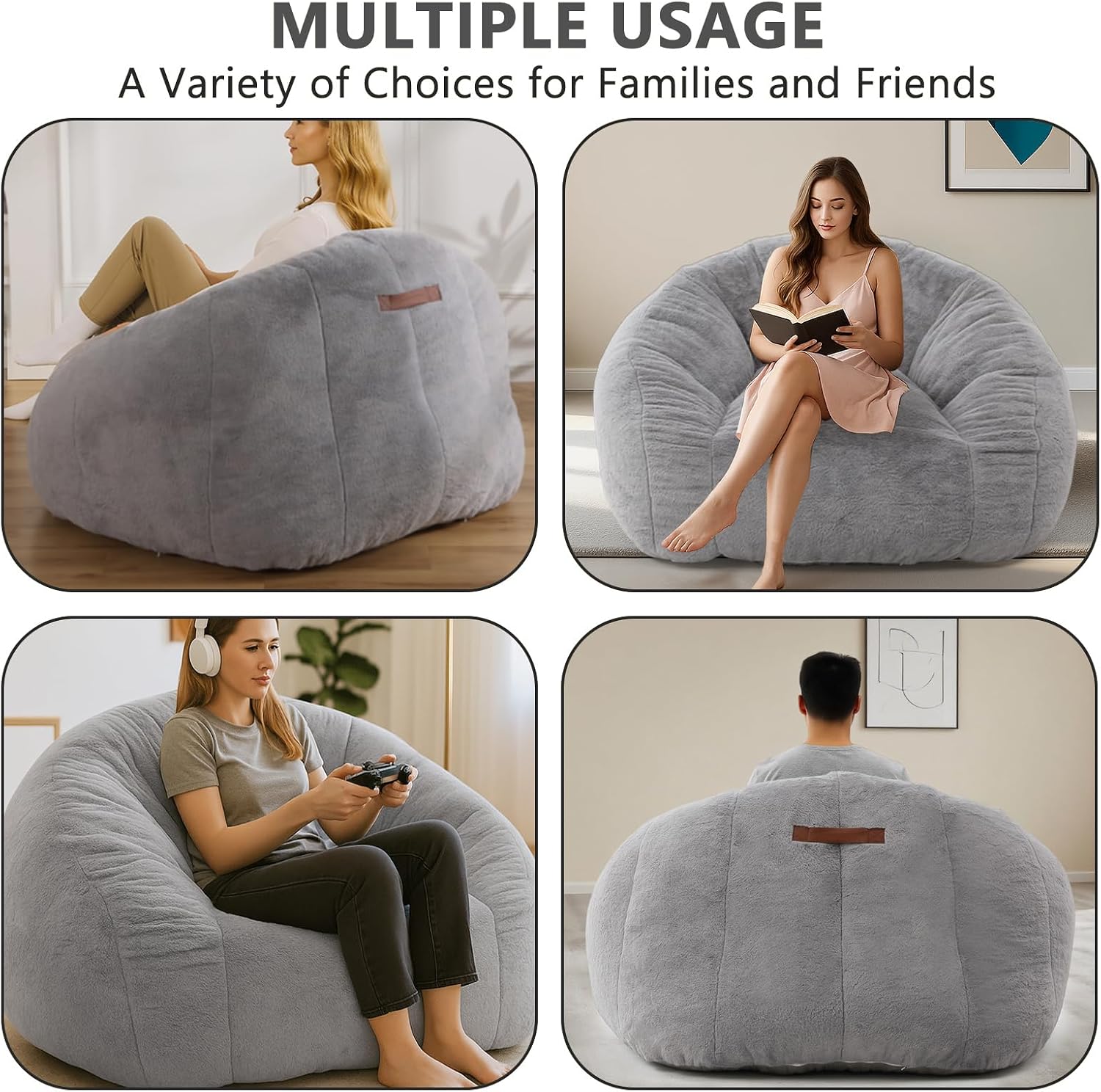 Bean Bag Chair for Adults, Soft Faux Fur Giant Beanbag Chairs, Oversized Cozy Bean Bag Couch Large Reading Chair, Comfy Bean Bag Sofa for Living Room, Bedroom & Dorm, Gray