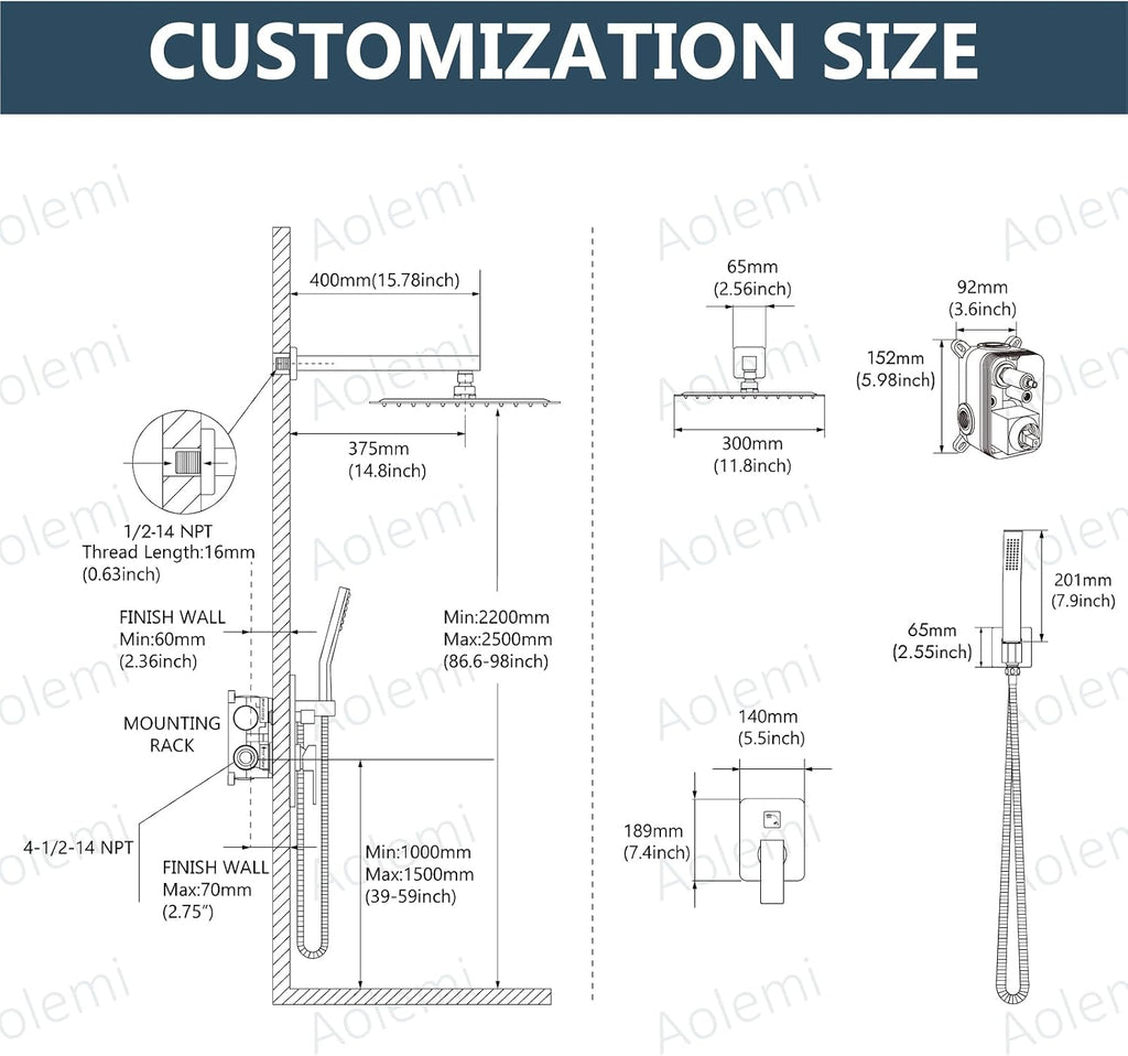 Aolemi Shower Faucet Set Rain Shower System with Handheld Spray Bathroom Shower Combo Rough-in Valve and Shower Trim Kit Included Brushed Nickel 12 Inch Wall Mount Shower Head