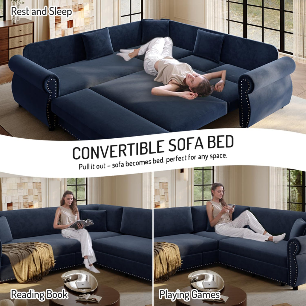 88.2' Sectional Sleeper Sofa with Pull Out Bed - Oversize L-Shaped Convertible Sleeper Couch Bed, Button Tufted Chesterfield Sofa, Chenille Vintage Couches for Living Room/Apartment(4-Seater, Blue)