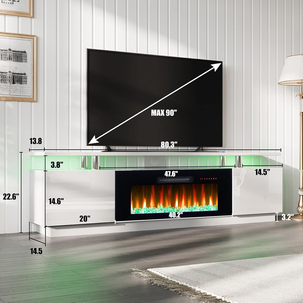 AMERLIFE Fireplace TV Stand with 40' Fireplace, 80' Modern Fireplace Entertainment Center LED Lights, 2 Tier TV Console Cabinet for TVs Up to 90', Ivory White