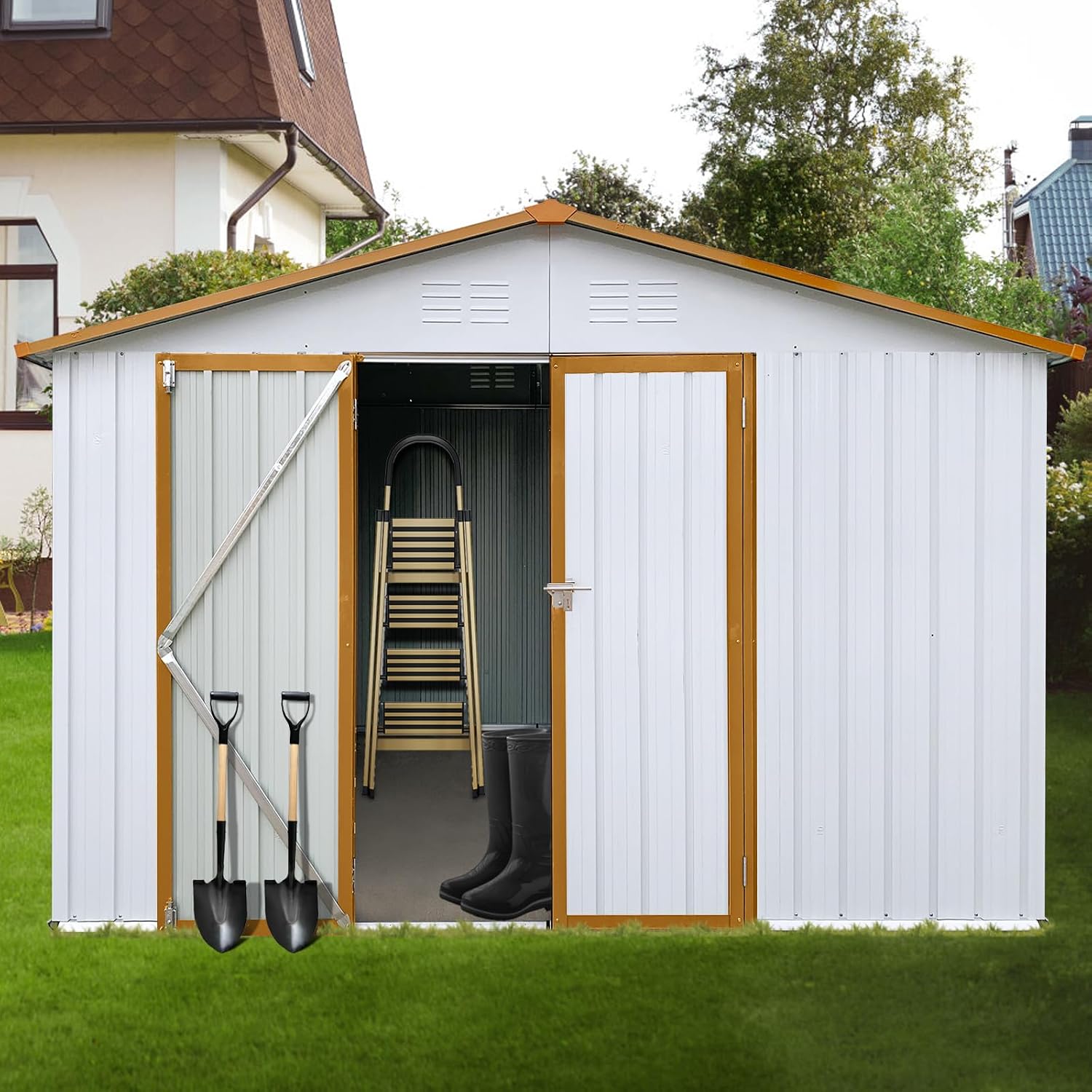 12' x 10' Metal Garden Storage Shed – Heavy-Duty Galvanized Steel with Roof, Hinged Door & Padlock | All-Weather Outdoor Shed with Punched Vents (Easy Assembly, Detailed Instructions) (White)