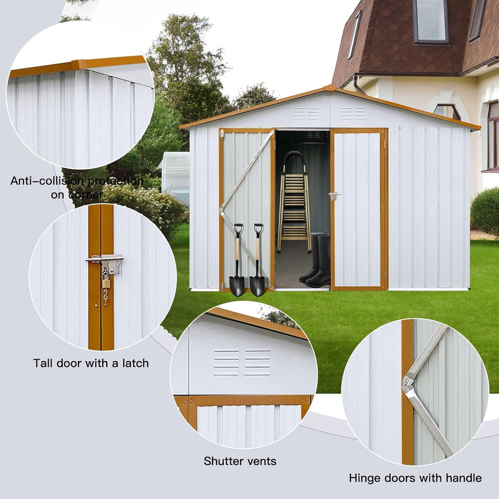 ZeHuoGe 10 X 12 FT Outdoor Storage Shed with Shutter Vent,Large Storage Shed, Heavy Duty Storage House,Garden Tool Shed for Backyard Garden Patio Law (White+Yellow)