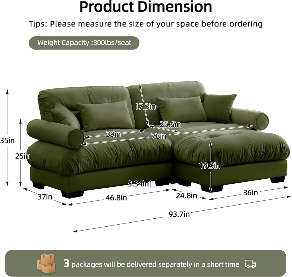Loveseat Sofa 93.7' Modular Sectional Sofa, 2 Seater Modern Cloud L Shaped Couch, Oversized Sectional Couches for Living Room, Comfy Velvet Sofas Deep Seat Couch with 4 Pillows, Green