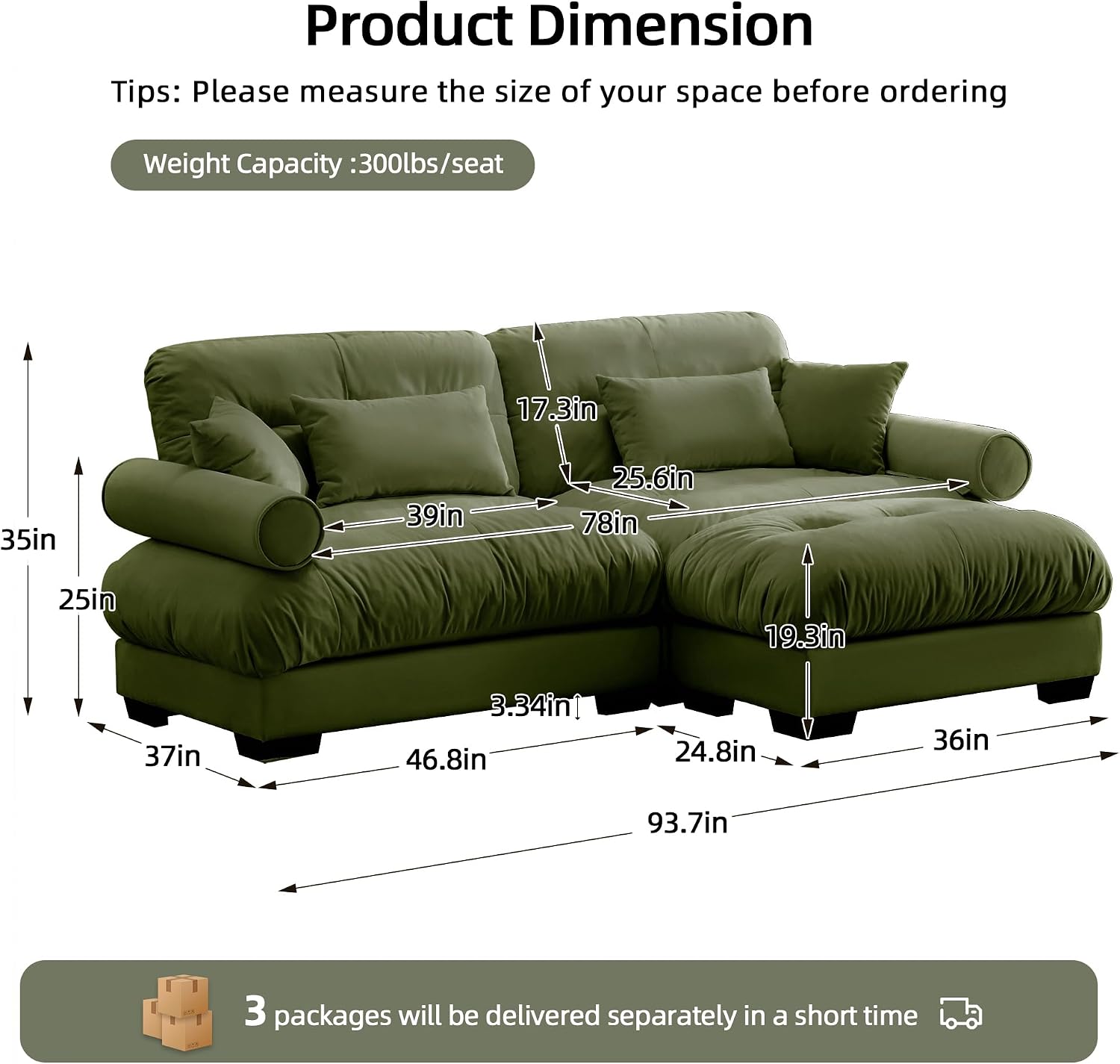 Loveseat Sofa 93.7' Modular Sectional Sofa, 2 Seater Modern Cloud L Shaped Couch, Oversized Sectional Couches for Living Room, Comfy Velvet Sofas Deep Seat Couch with 4 Pillows, Green