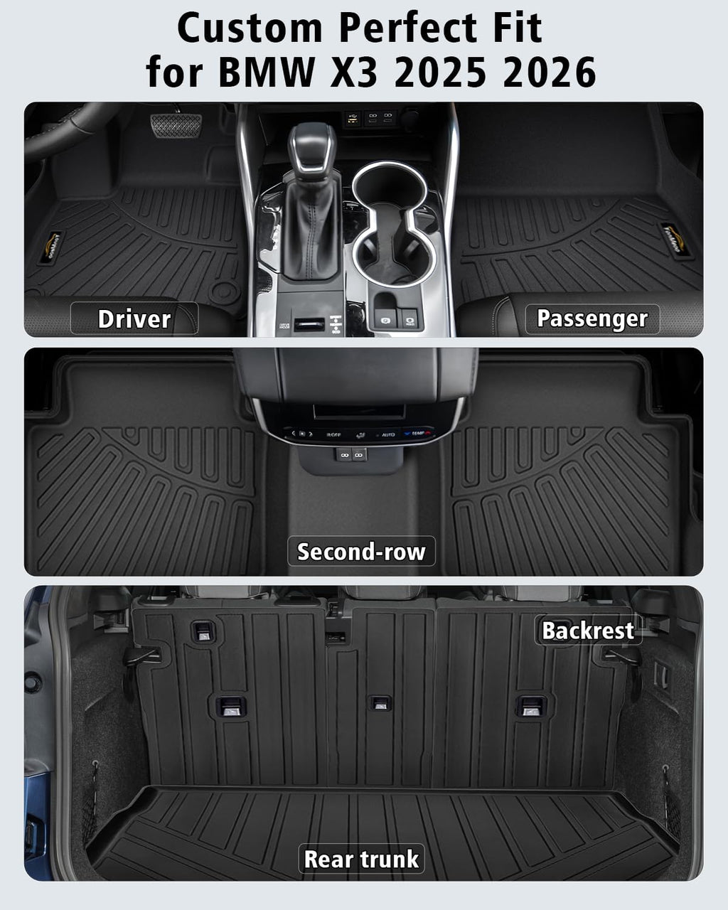 Floor Mats Custom Fit for BMW X3 2025 2026 M50/30 xDrive Trunk Mat with Backrest Mat All Weather TPE Rubber Cargo Liner Anti-Slip Full Set for BMW X3 Accessories (Trunk Mat+Backrest Mats+Floor Mats)