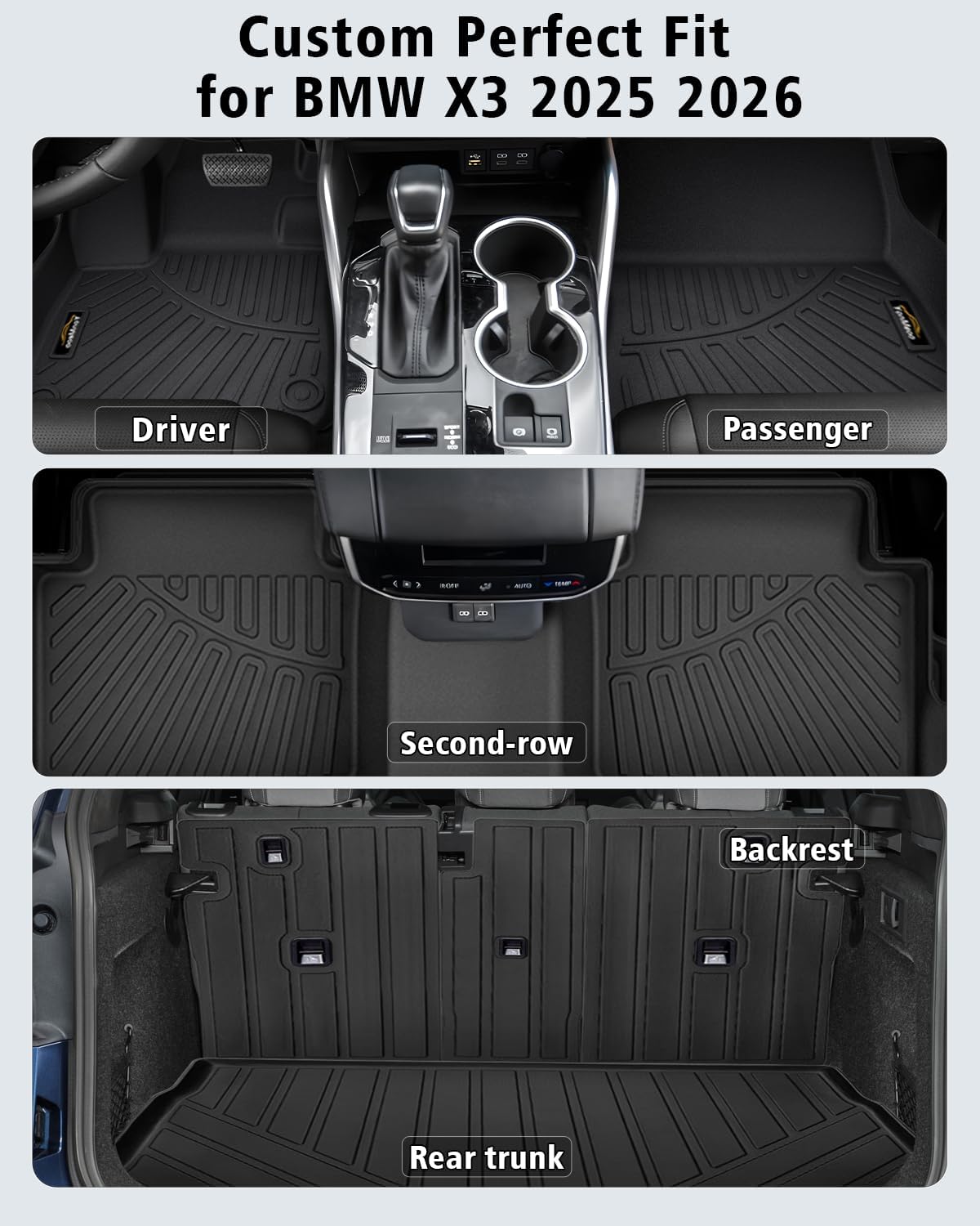 Floor Mats Custom Fit for BMW X3 2025 2026 M50/30 xDrive Trunk Mat with Backrest Mat All Weather TPE Rubber Cargo Liner Anti-Slip Full Set for BMW X3 Accessories (Trunk Mat+Backrest Mats+Floor Mats)