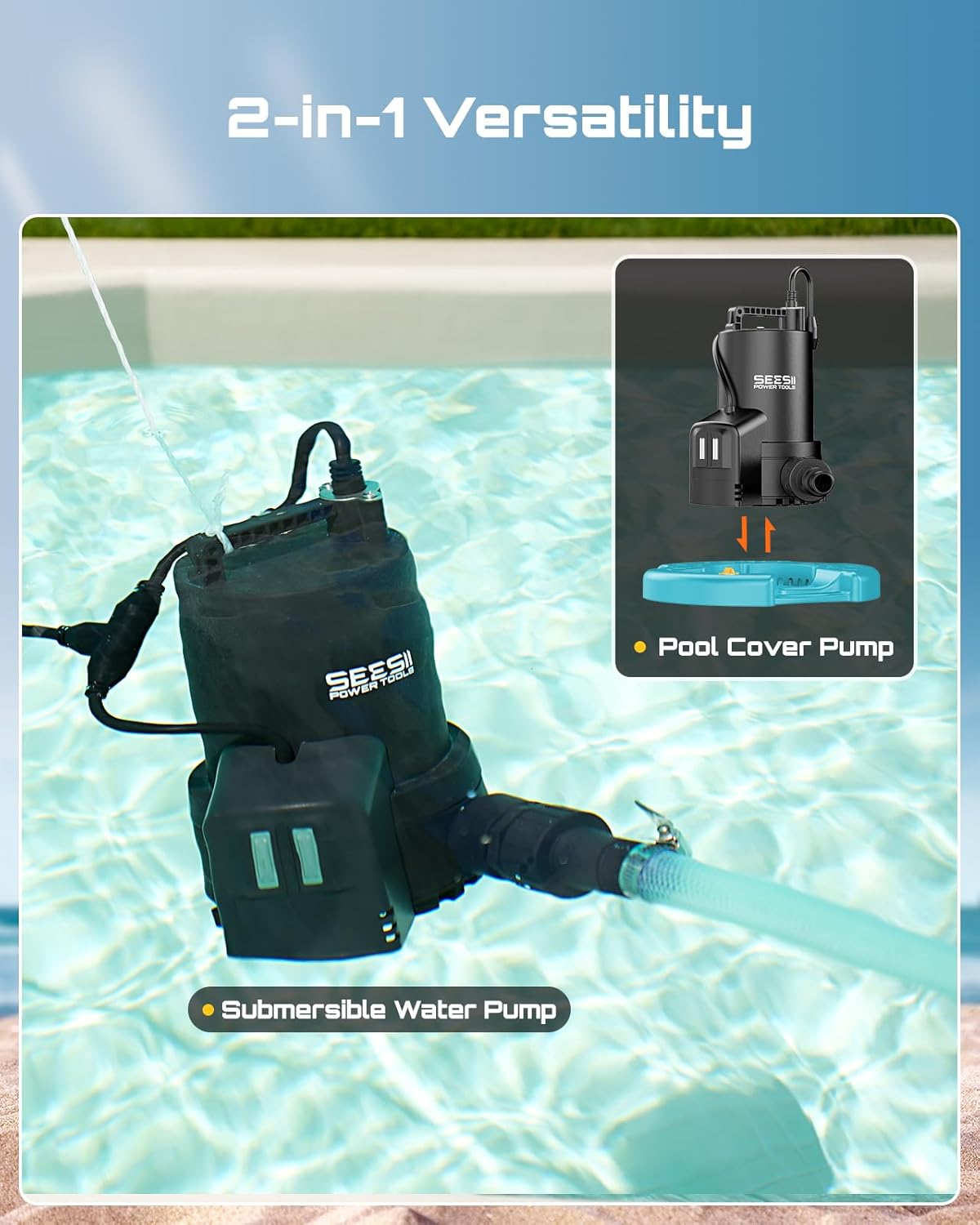 SEESII 1/3HP Pool Cover Pump - Automatic On/Off, 3035GPH Submersible Water Pump with Filter Net, 25ft Power Cord, Check Valve, Sump Pump for Swimming Pool, Hot Tubs, Pond, Basement, Rooftops