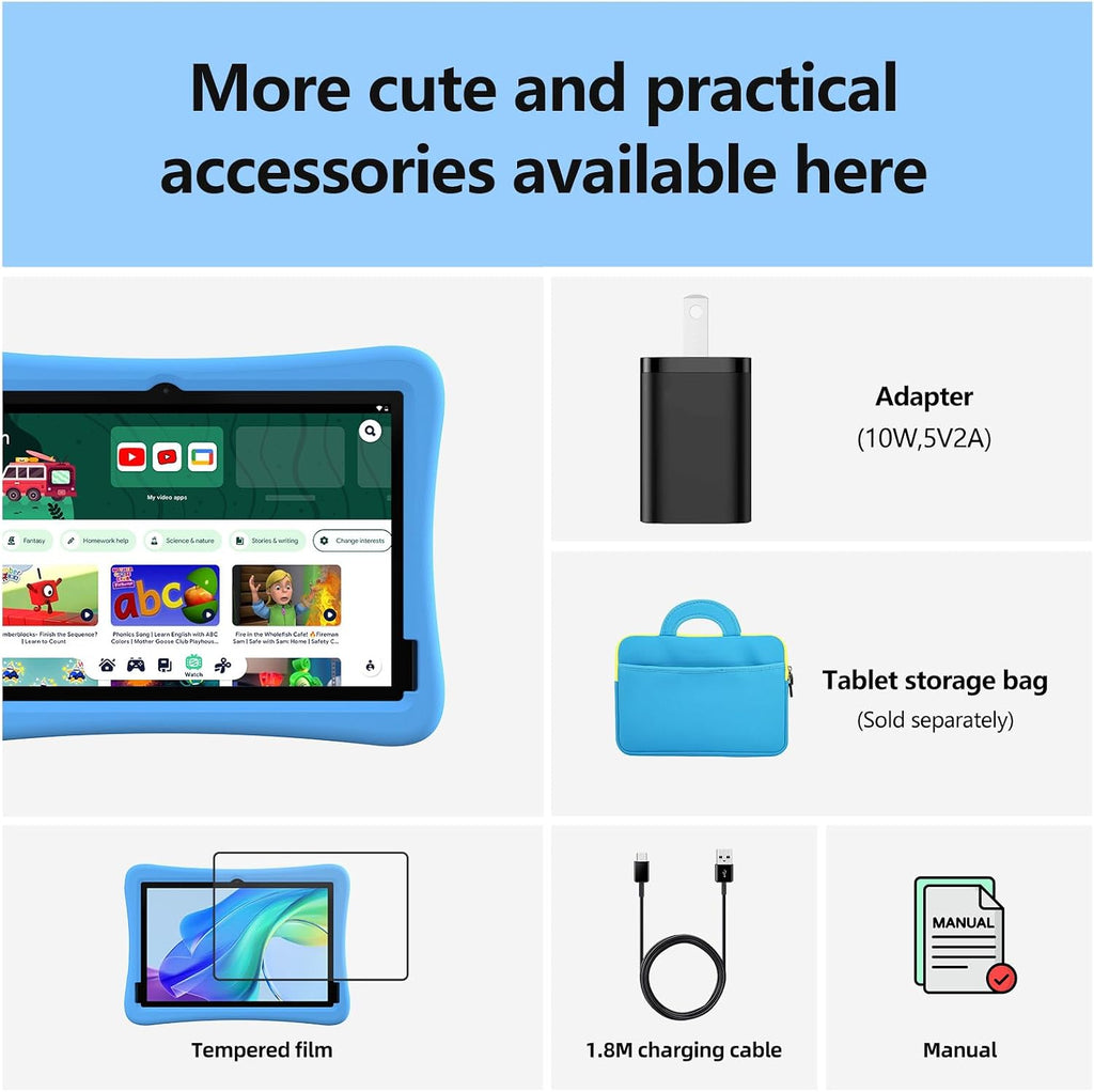Plimpton Kids Tablet 10 Inch - 2026 Upgraded Android 15 Tablet for Kids with Case Included, Octa-Core, Google Kids Space, Parental Control, 4GB+64GB, WiFi, BT5.3, YouTube, Great Gift for Toddler(Blue)