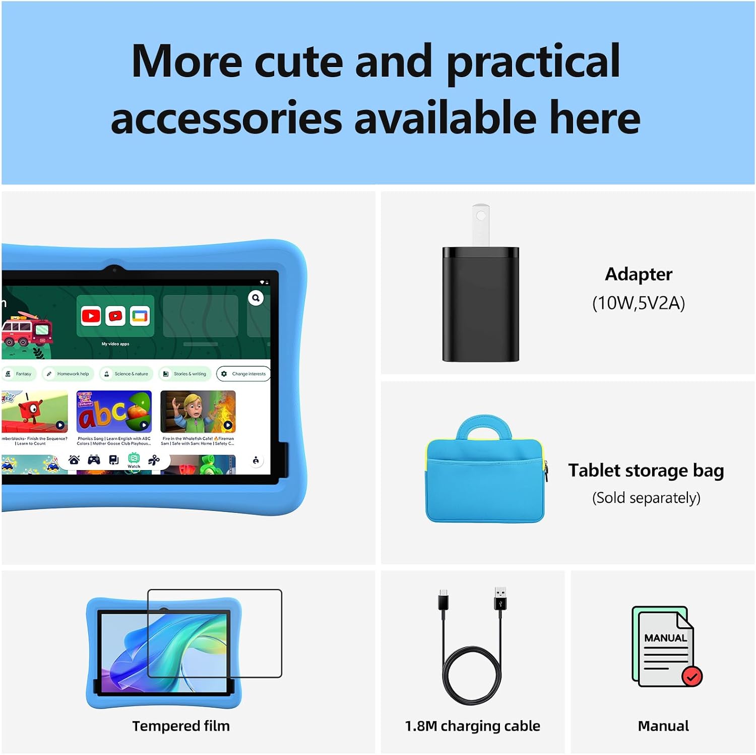 Plimpton Kids Tablet 10 Inch - 2026 Upgraded Android 15 Tablet for Kids with Case Included, Octa-Core, Google Kids Space, Parental Control, 4GB+64GB, WiFi, BT5.3, YouTube, Great Gift for Toddler(Blue)