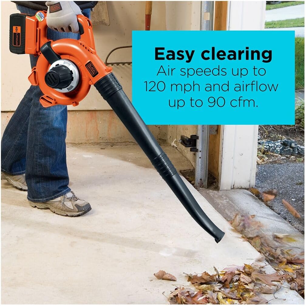 BLACK+DECKER Leaf Blower Cordless with Battery and Charger, POWERCOMMAND 40V MAX 90 CFM Variable Speed Up to 120 MPH, Battery Leaf Blower, Hard Surface and Yard Sweeper (LSW36)